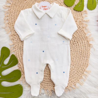 Macacão Tricotil (Tricot 100% Algodão) com Gola e Bordado - Off White Bolinhas
